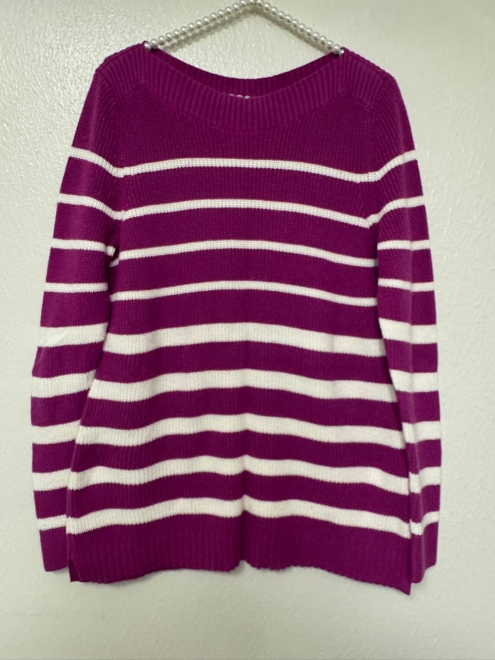 Talbots Striped Crewneck Sweater in Fuchsia and White